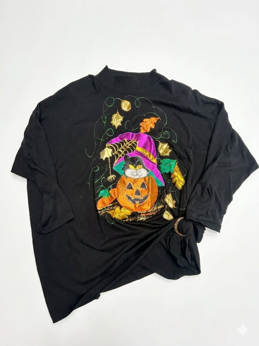 Vintage 90s Decosport Halloween Embroidered Witch Cat Top Black Plus Size 1X